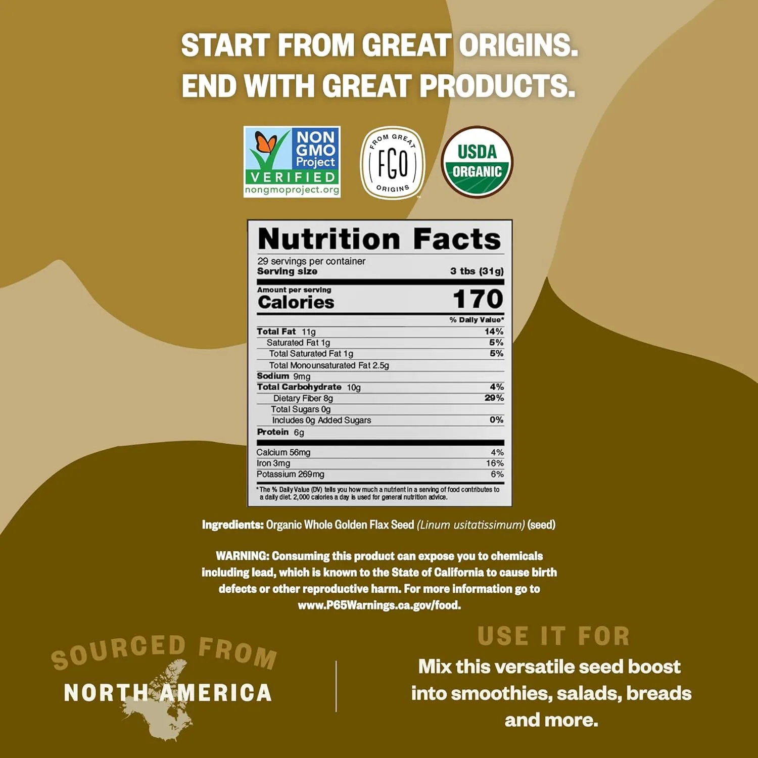 FGO Organic Whole Golden Flax Seeds, 2 Pound / 32oz Bulk Resealable Pouch, For Baking, Cooking & Smoothies, Sproutable, Grown in USA & Canada (Pack of 1)