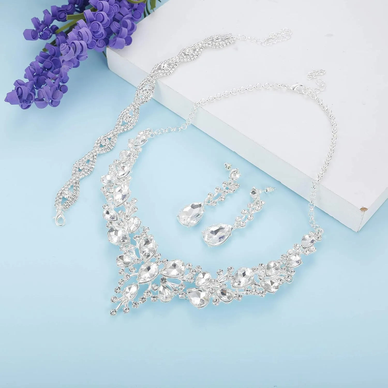 FIASASO Silver Bridal Jewelry Set for Women Rhinestone Wedding Necklace Bracelet Dangle Earrings for Bride Bridesmaid Prom Jewelry Accessories
