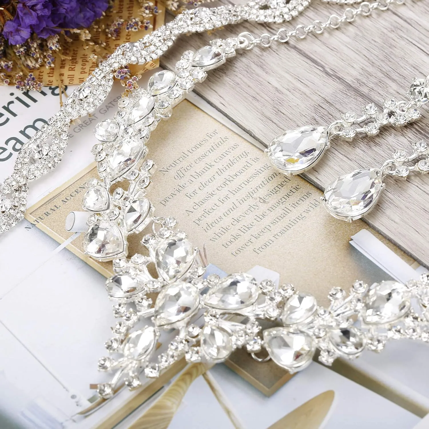 FIASASO Silver Bridal Jewelry Set for Women Rhinestone Wedding Necklace Bracelet Dangle Earrings for Bride Bridesmaid Prom Jewelry Accessories