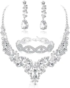 FIASASO Silver Bridal Jewelry Set for Women Rhinestone Wedding Necklace Bracelet Dangle Earrings for Bride Bridesmaid Prom Jewelry Accessories