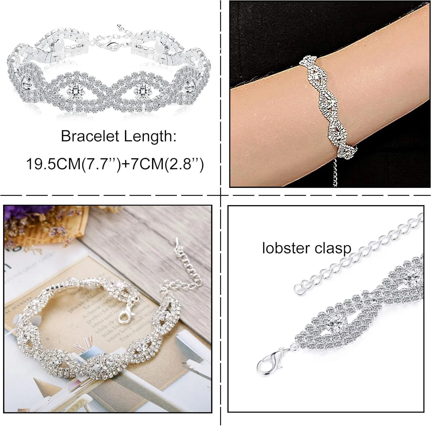 FIASASO Silver Bridal Jewelry Set for Women Rhinestone Wedding Necklace Bracelet Dangle Earrings for Bride Bridesmaid Prom Jewelry Accessories