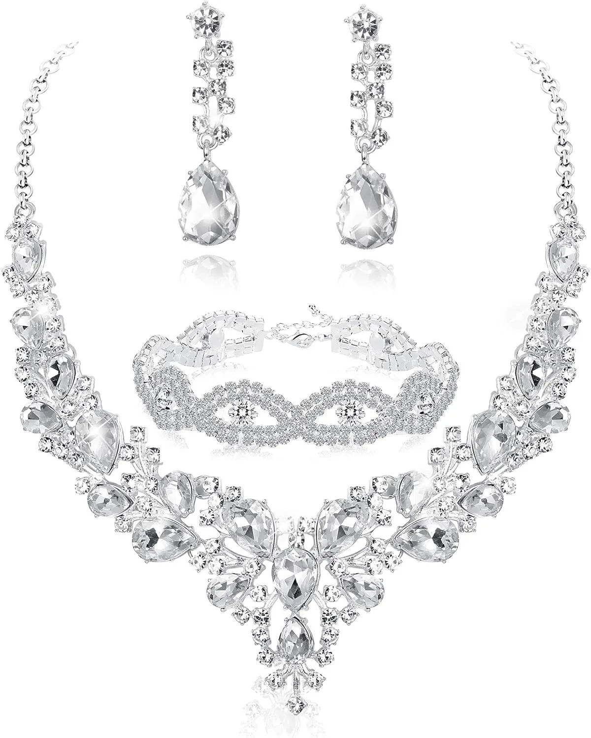 FIASASO Silver Bridal Jewelry Set for Women Rhinestone Wedding Necklace Bracelet Dangle Earrings for Bride Bridesmaid Prom Jewelry Accessories