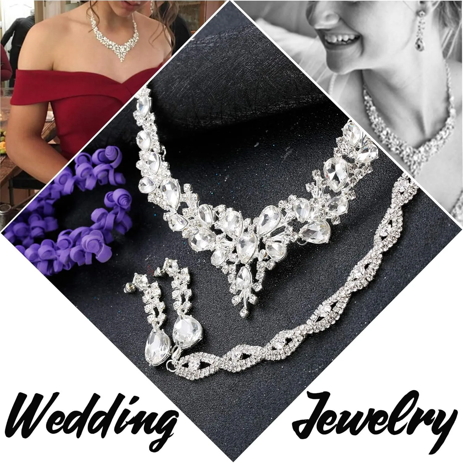 FIASASO Silver Bridal Jewelry Set for Women Rhinestone Wedding Necklace Bracelet Dangle Earrings for Bride Bridesmaid Prom Jewelry Accessories