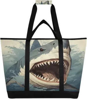 Fierce Sharks Reusable Insulated Lunchbox Cooler Bag, Leakproof Kitchen Grocery Bag Collapsible Portable Cooler Tote Bag for Picnic, Camping, Office, Travel