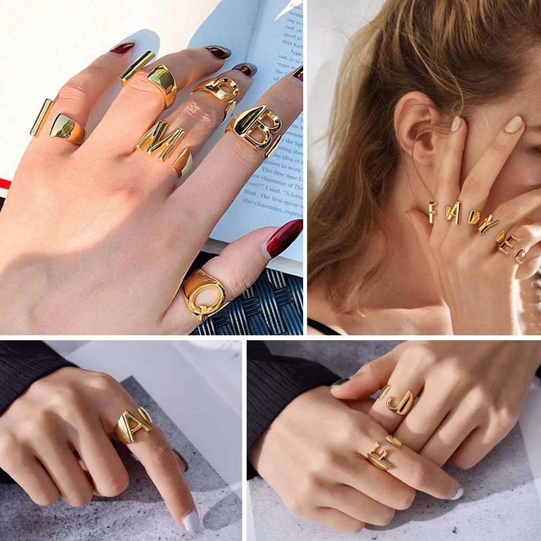 FindChic Customizable Initial Ring Statement 18K Gold Plated Fashion Cuff Rings for Women Alphabet Letter A to Z Resizable Knuckle Ring (with Gift Box)