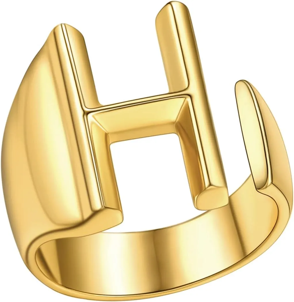 FindChic Customizable Initial Ring Statement 18K Gold Plated Fashion Cuff Rings for Women Alphabet Letter A to Z Resizable Knuckle Ring (with Gift Box)