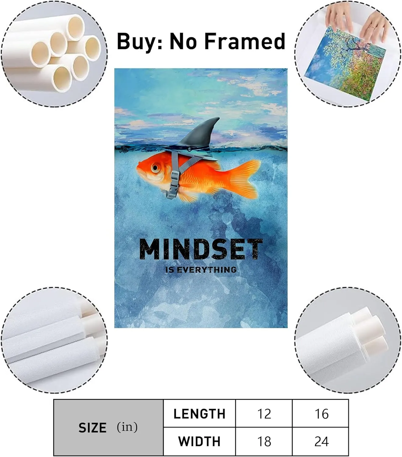 Fish and Shark Goldfish Wall Decor - Mindset is Everything - Funny Animal Wall Art Motivational & Inspirational Quotes Posters for Office Study Room Living Room UnFrame 12x18inch(30x45cm)