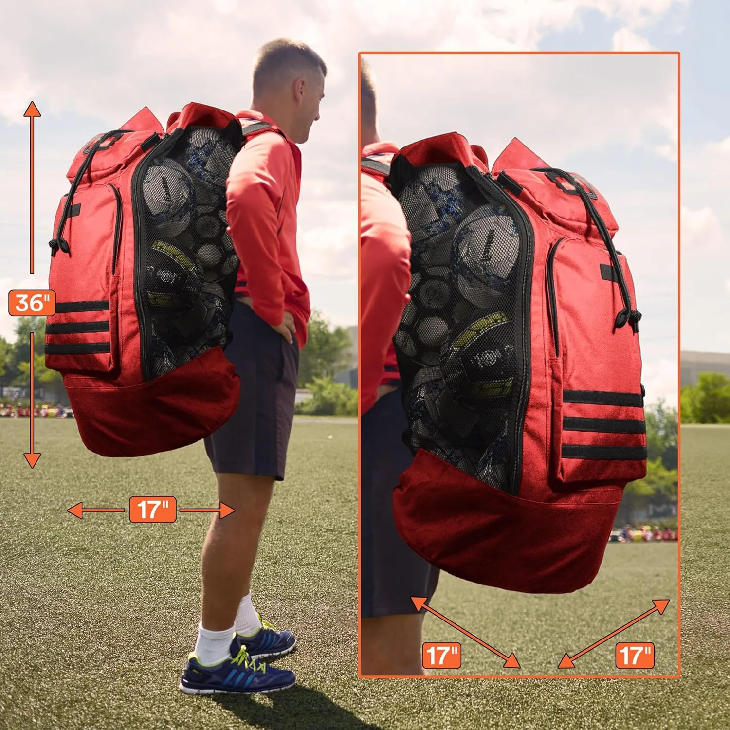Fitdom Heavy Duty XL Soccer Mesh Equipment Ball Bag w/Adjustable Backpack Shoulder Strap Design for Coach. 2 Different Size Front Pockets for Sporting Accessories.