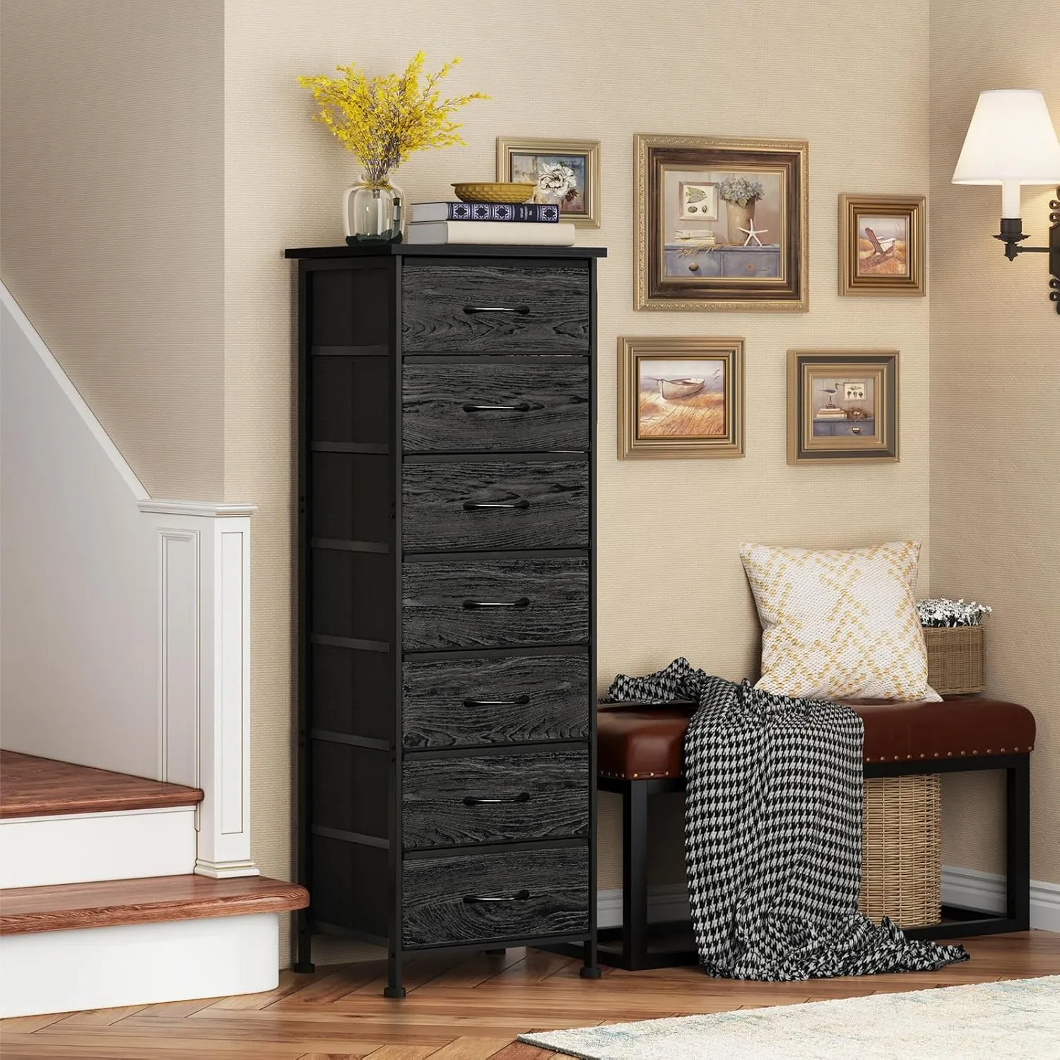 Fixwal Black Oak Tall Dresser for Bedroom, Storage Dresser Organizer with 7 Fabric Drawers, Nightstand Furniture in Closet, Entryway, Hallway