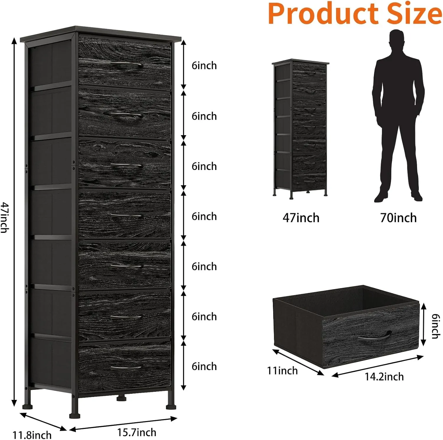 Fixwal Black Oak Tall Dresser for Bedroom, Storage Dresser Organizer with 7 Fabric Drawers, Nightstand Furniture in Closet, Entryway, Hallway