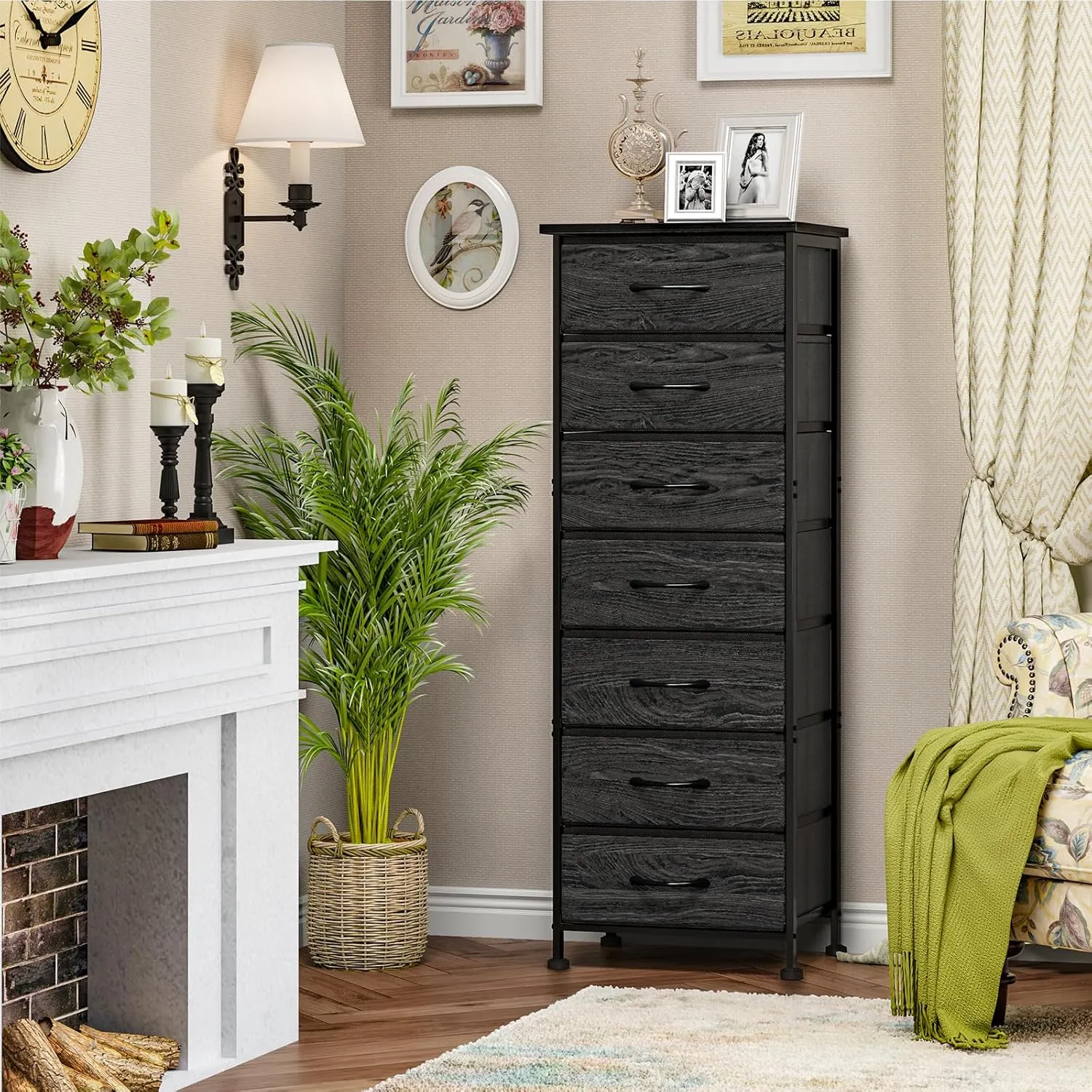 Fixwal Black Oak Tall Dresser for Bedroom, Storage Dresser Organizer with 7 Fabric Drawers, Nightstand Furniture in Closet, Entryway, Hallway
