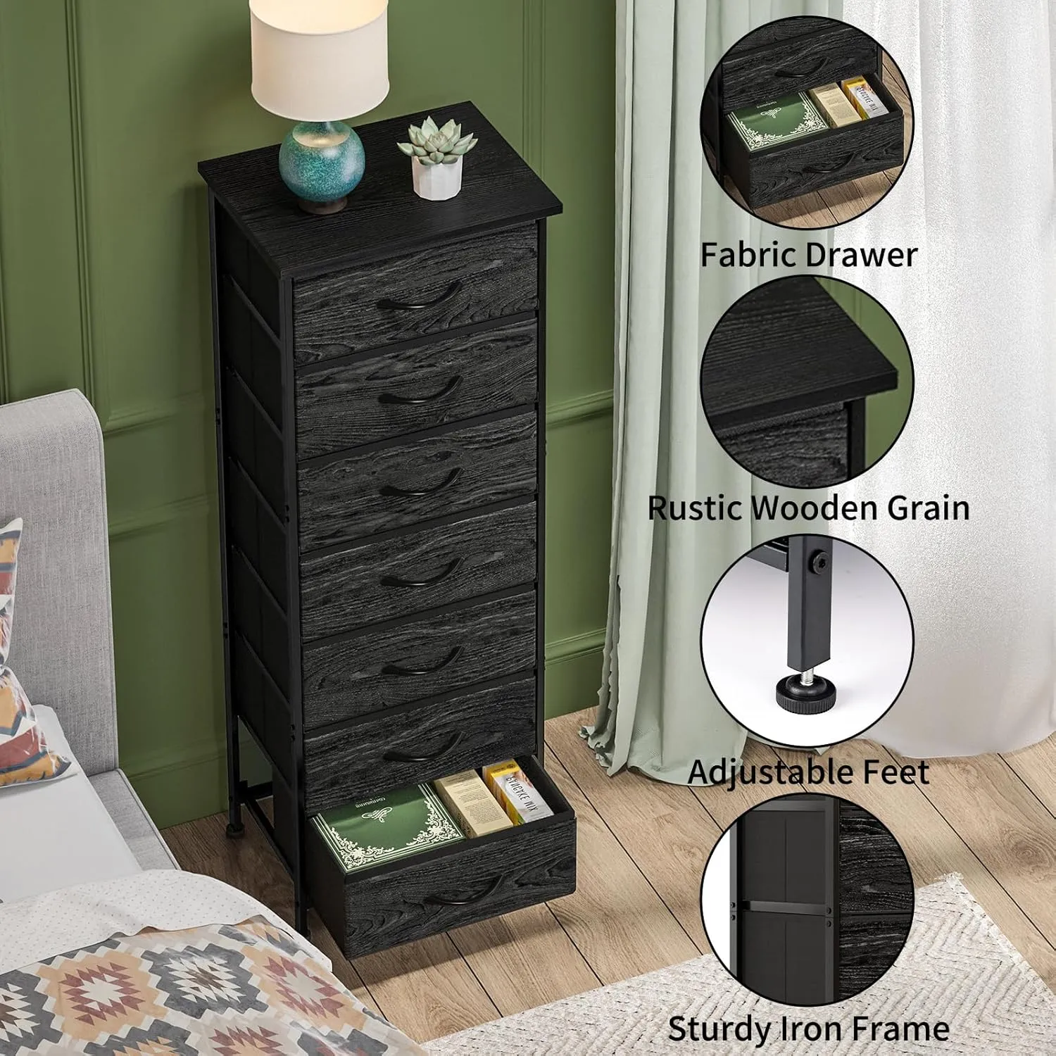 Fixwal Black Oak Tall Dresser for Bedroom, Storage Dresser Organizer with 7 Fabric Drawers, Nightstand Furniture in Closet, Entryway, Hallway