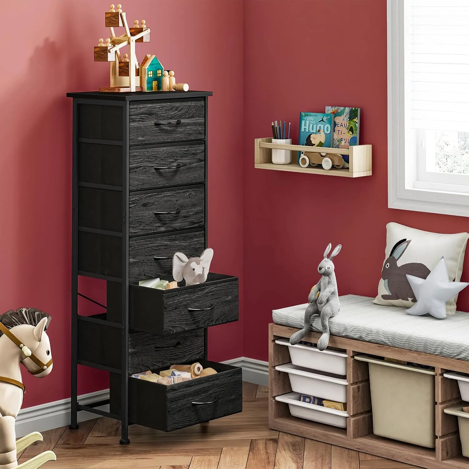 Fixwal Black Oak Tall Dresser for Bedroom, Storage Dresser Organizer with 7 Fabric Drawers, Nightstand Furniture in Closet, Entryway, Hallway