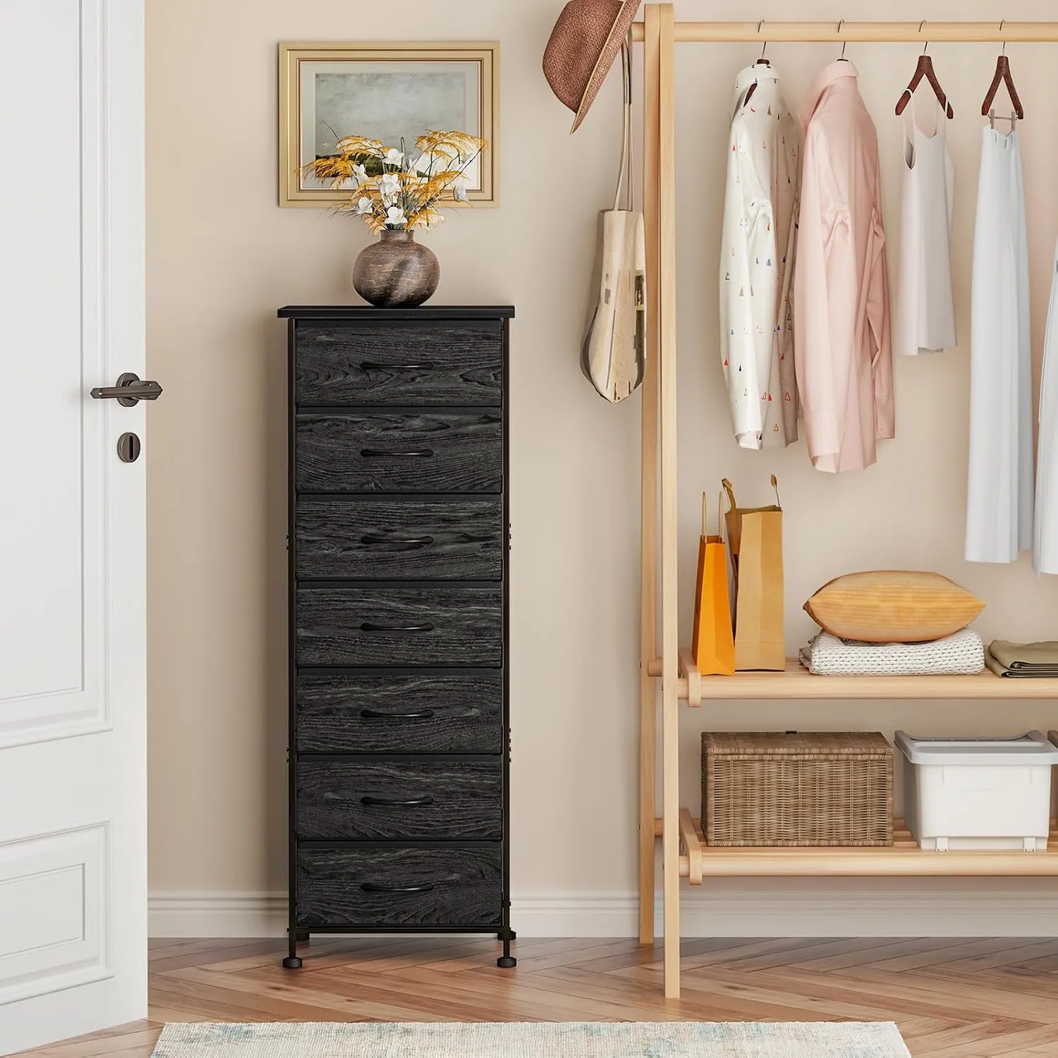 Fixwal Black Oak Tall Dresser for Bedroom, Storage Dresser Organizer with 7 Fabric Drawers, Nightstand Furniture in Closet, Entryway, Hallway