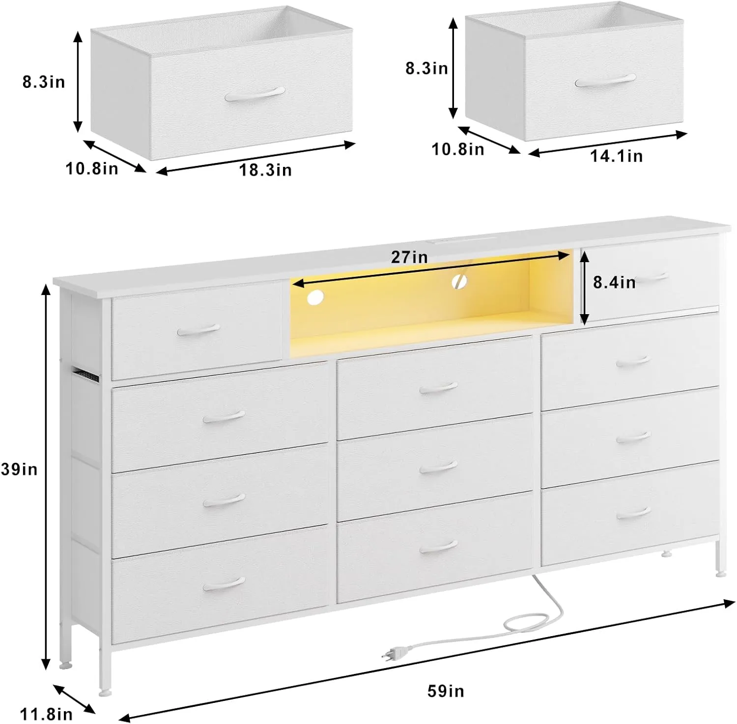 Fixwal Long Dresser for Bedroom with Charging Station and LED Lights, White Dresser TV Stand with 11 Drawers, Fabric Chest of Drawers with PU Finish for Bedroom, Living Room, Entryway