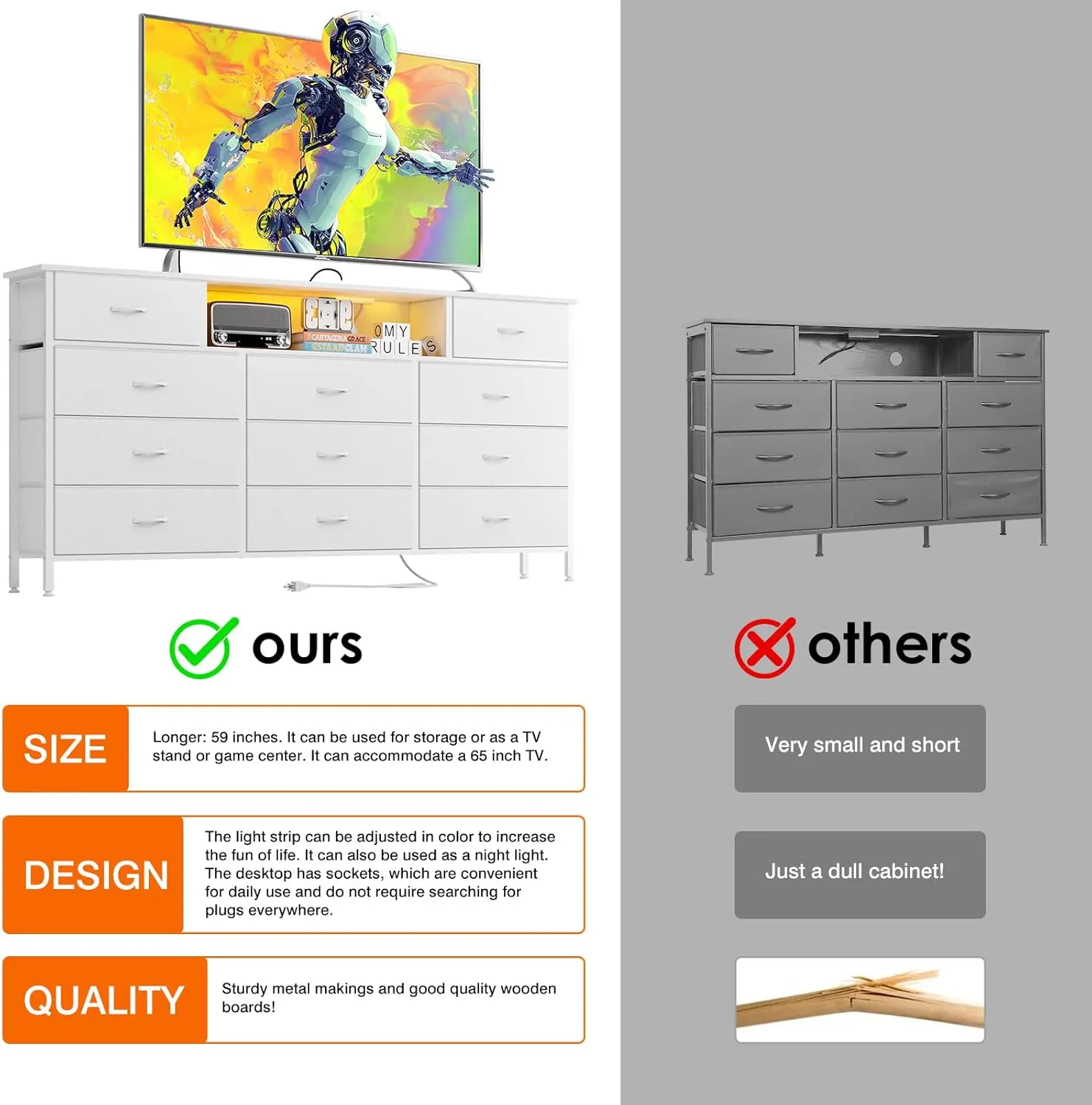 Fixwal Long Dresser for Bedroom with Charging Station and LED Lights, White Dresser TV Stand with 11 Drawers, Fabric Chest of Drawers with PU Finish for Bedroom, Living Room, Entryway