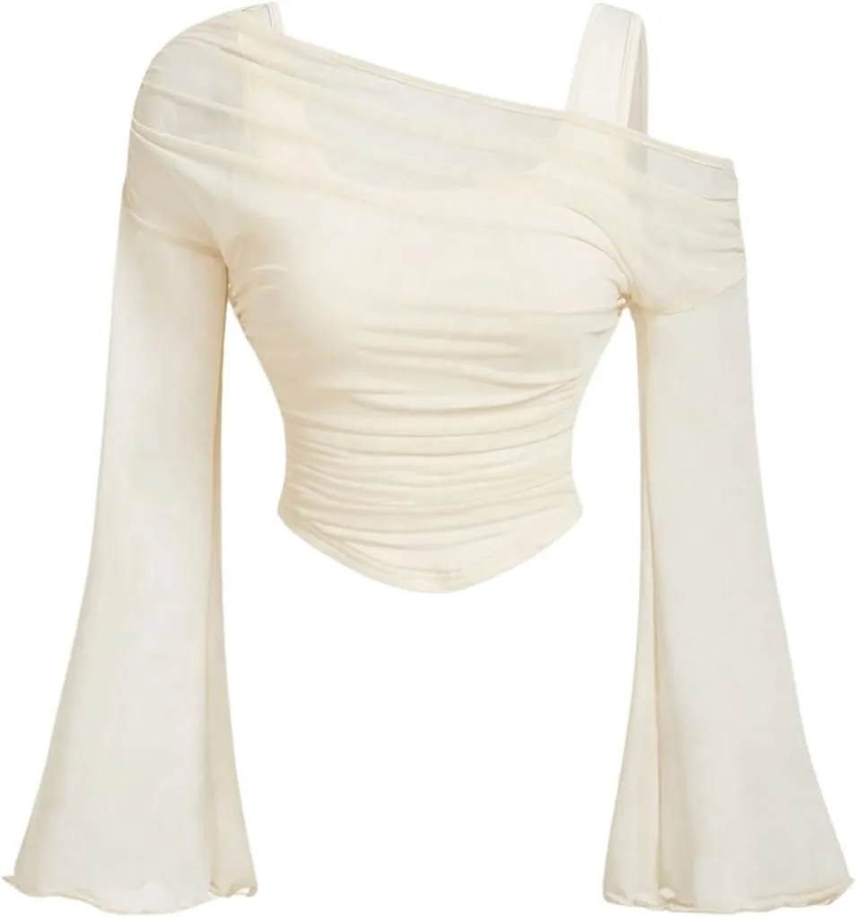 Floerns Women's Contrast Mesh Bell Long Sleeve Asymmetrical Neck 2 in 1 Tee Shirts Tops