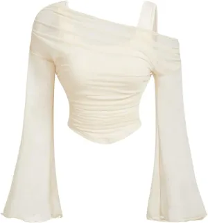 Floerns Women's Contrast Mesh Bell Long Sleeve Asymmetrical Neck 2 in 1 Tee Shirts Tops
