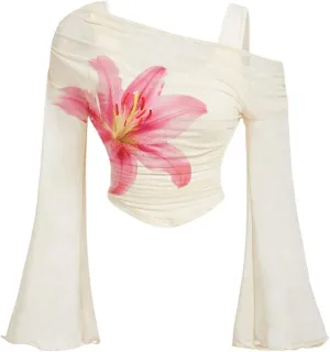 Floerns Women's Plus Size Flower Mesh Flare Sleeve Ruched T Shirts Asymmetrical Neck Crop Tops