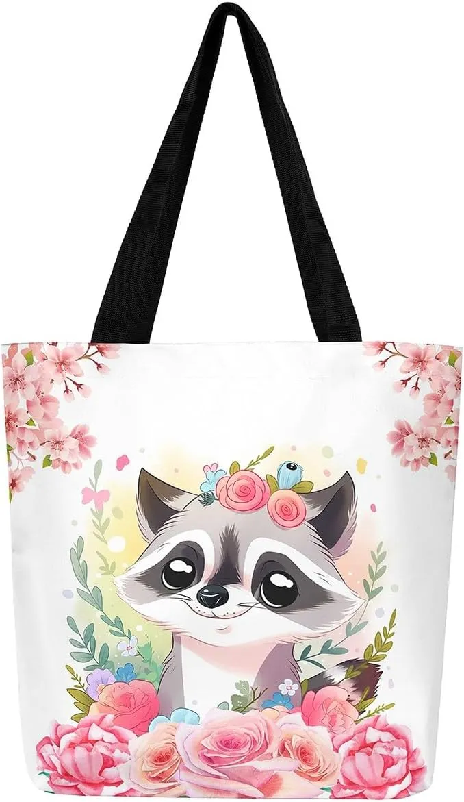 Floral Animal Canvas Tote Bag Cute Pink Handbag for Outdoors