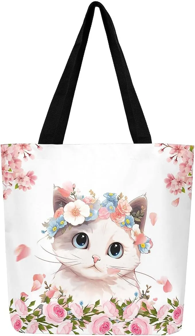 Floral Animal Canvas Tote Bag Cute Pink Handbag for Outdoors