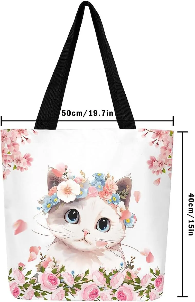 Floral Animal Canvas Tote Bag Cute Pink Handbag for Outdoors