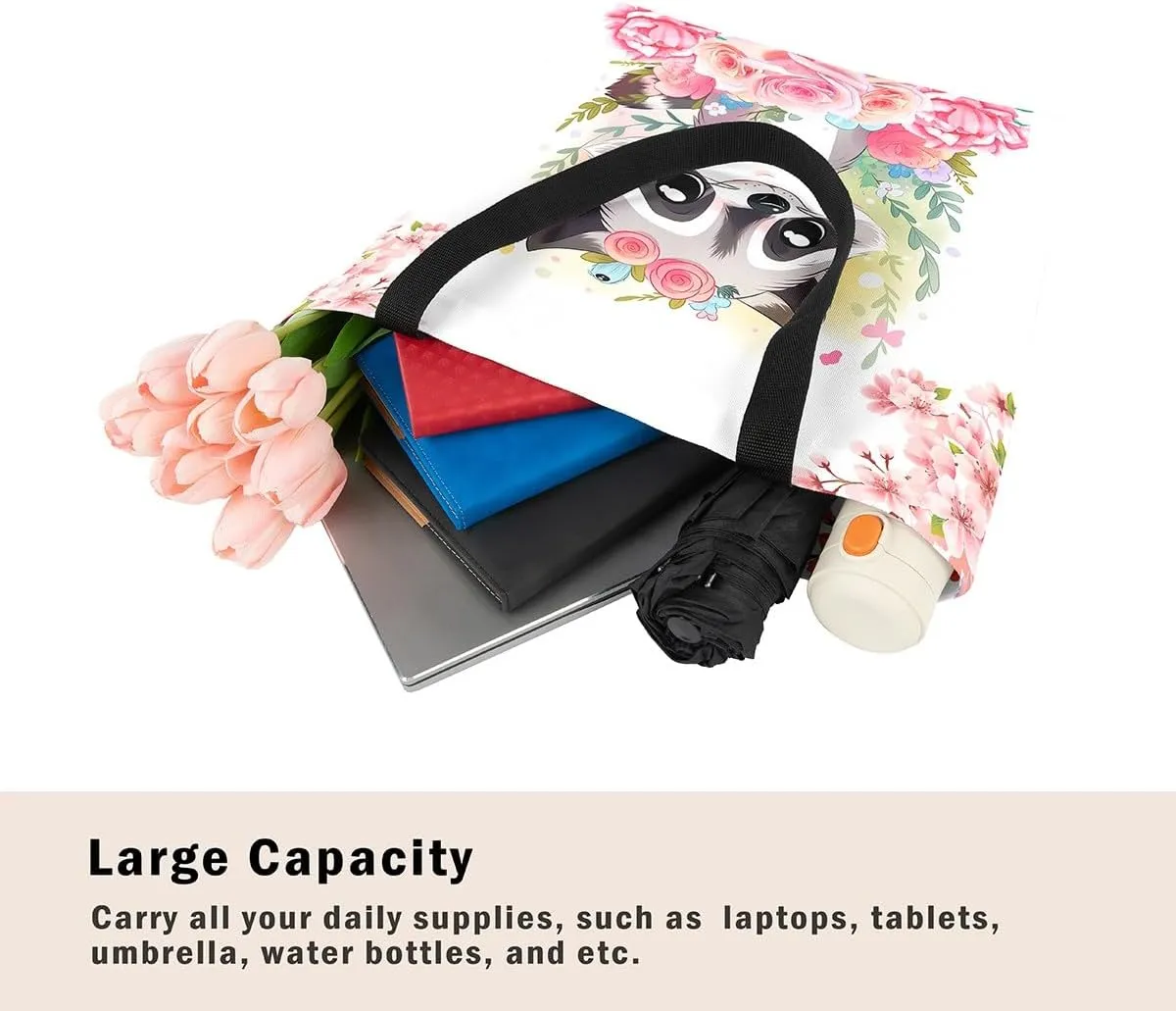 Floral Animal Canvas Tote Bag Cute Pink Handbag for Outdoors