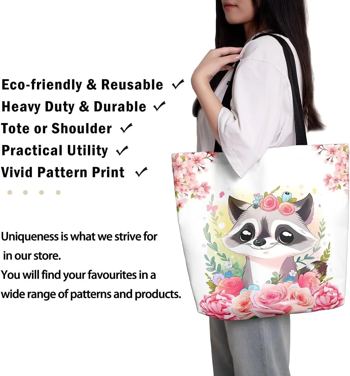 Floral Animal Canvas Tote Bag Cute Pink Handbag for Outdoors