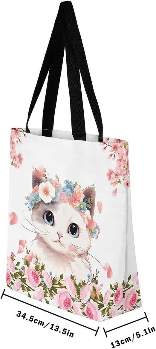Floral Animal Canvas Tote Bag Cute Pink Handbag for Outdoors