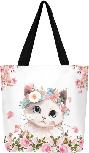 Floral Animal Canvas Tote Bag Cute Pink Handbag for Outdoors