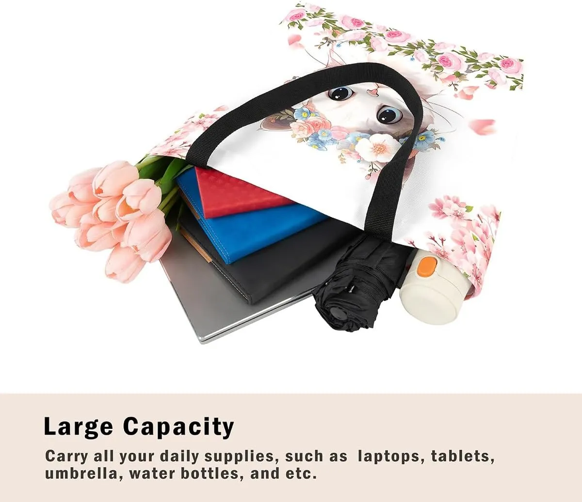 Floral Animal Canvas Tote Bag Cute Pink Handbag for Outdoors