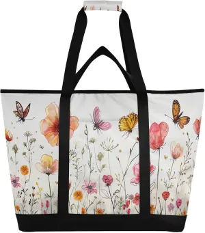 Flowers Butterfly Reusable Insulated Lunchbox Cooler Bag, Leakproof Kitchen Grocery Bag Collapsible Portable Cooler Tote Bag for Picnic, Camping, Office, Travel