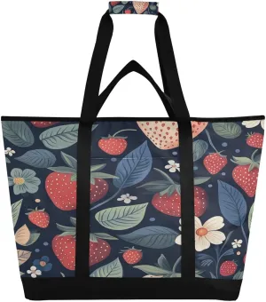 Flowers Strawberry Reusable Insulated Lunchbox Cooler Bag, Leakproof Kitchen Grocery Bag Collapsible Portable Cooler Tote Bag for Picnic, Camping, Office, Travel