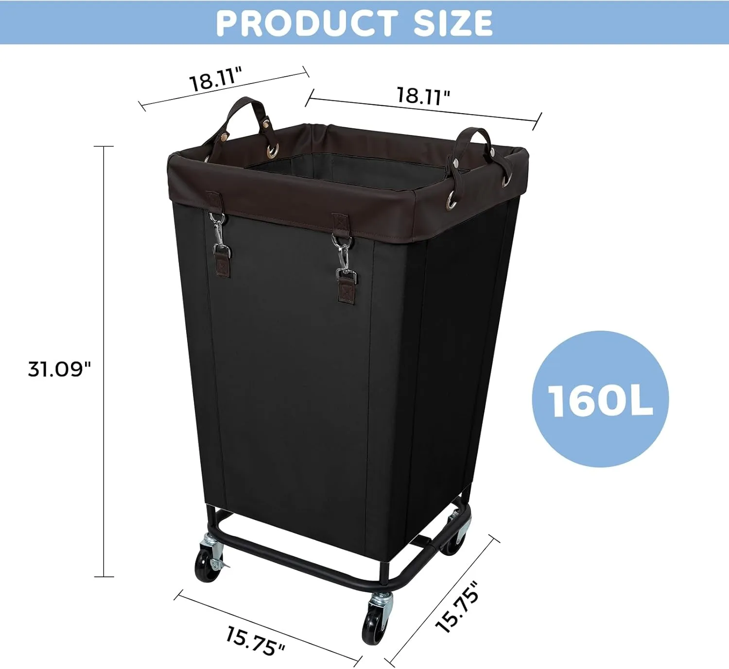 FLYBOX Laundry Hamper with Rolling Wheels, 160L Clothes Large Basket Laundry with Removable Canvas Waterproof Laundry Bag, Dirty Cloth Hamper for Home, Closet, Dorm, Bathroom, Laundry Room, Black