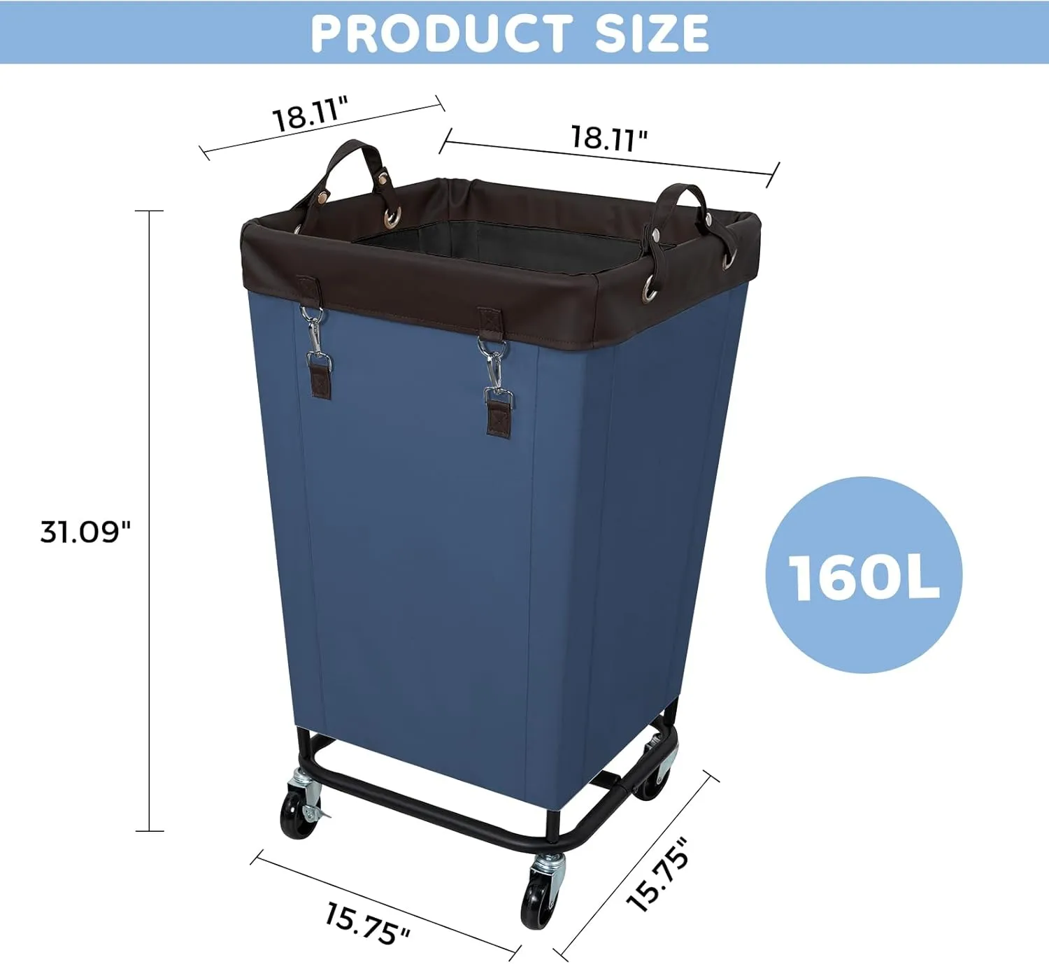 FLYBOX Laundry Hamper with Rolling Wheels, 160L Clothes Large Basket Laundry with Removable Canvas Waterproof Laundry Bag, Dirty Cloth Hamper for Home, Closet, Dorm, Bathroom, Laundry Room, Blue
