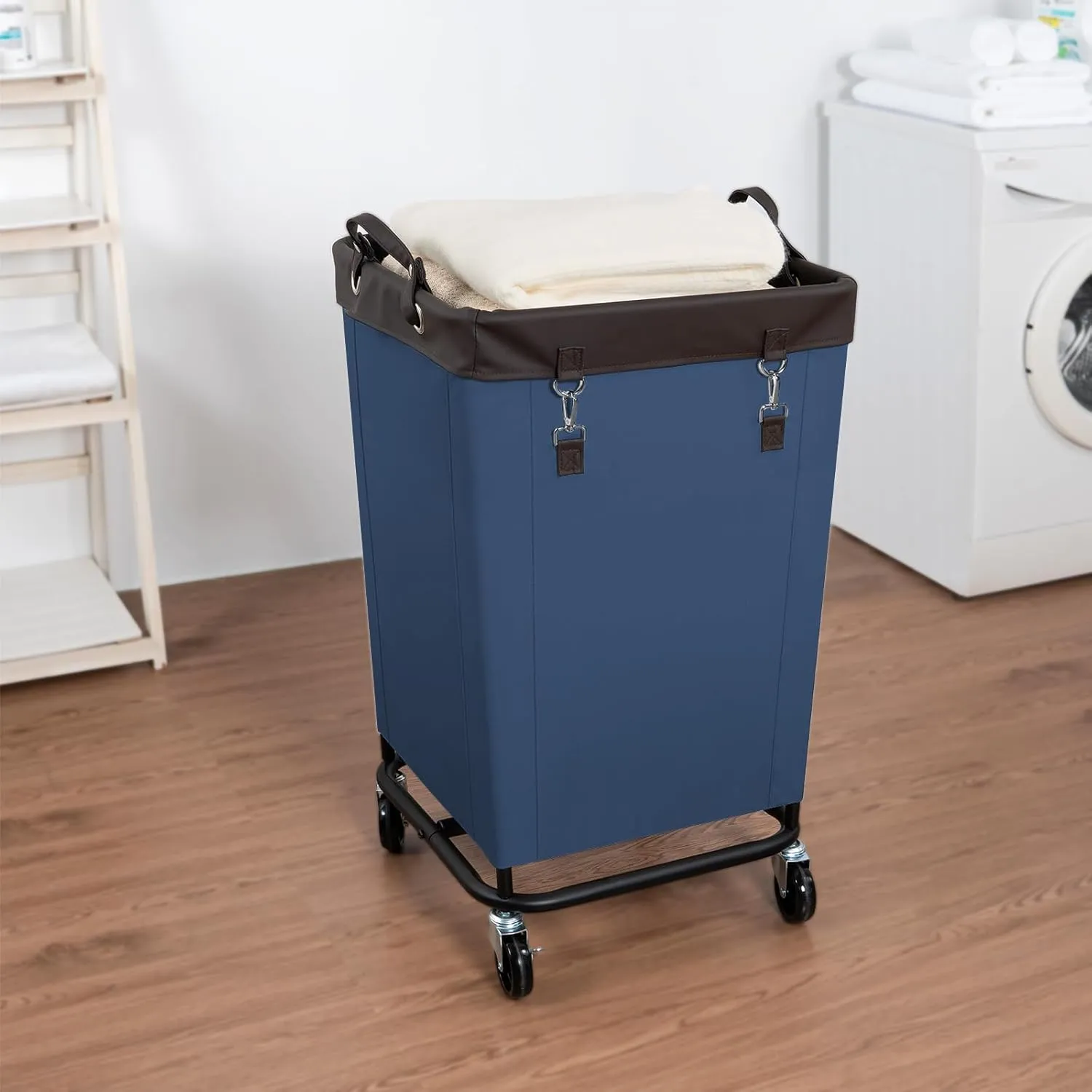 FLYBOX Laundry Hamper with Rolling Wheels, 160L Clothes Large Basket Laundry with Removable Canvas Waterproof Laundry Bag, Dirty Cloth Hamper for Home, Closet, Dorm, Bathroom, Laundry Room, Blue