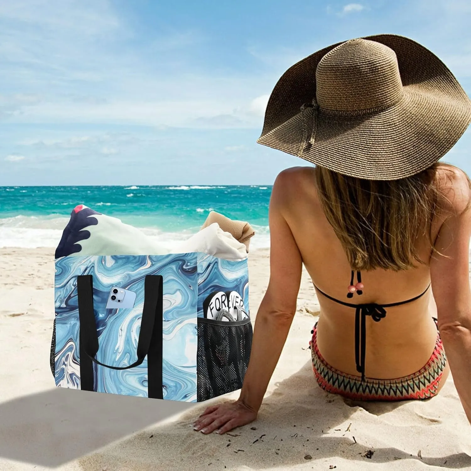 Foldable Grocery Reusable Tote Grocery Bag, Travel Canvas Shoulder Bags, Large Casual Laundry Pool Beach Bag