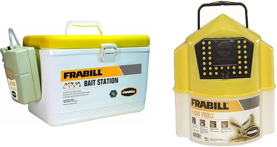 Frabill 8-Quart Bait Cooler with Aerator and 6-Quart Yellow/White Flow Troll Bait Container Bundle