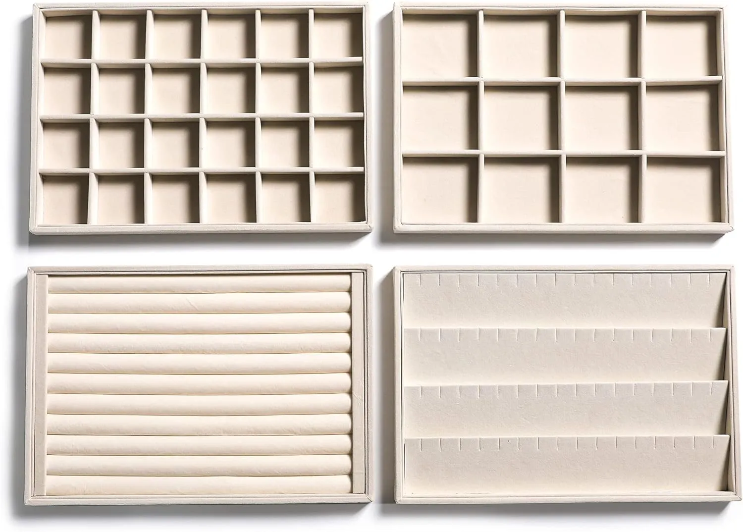 Frebeauty Stackable Velvet Jewelry Organizer Trays for Drawers Inserts Jewelry Storage Tray Display Case Earrings Bracelets Necklace Rings Accessories Trays for Women Girls(Set of 4)（Beige)