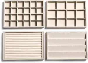 Frebeauty Stackable Velvet Jewelry Organizer Trays for Drawers Inserts Jewelry Storage Tray Display Case Earrings Bracelets Necklace Rings Accessories Trays for Women Girls(Set of 4)（Beige)
