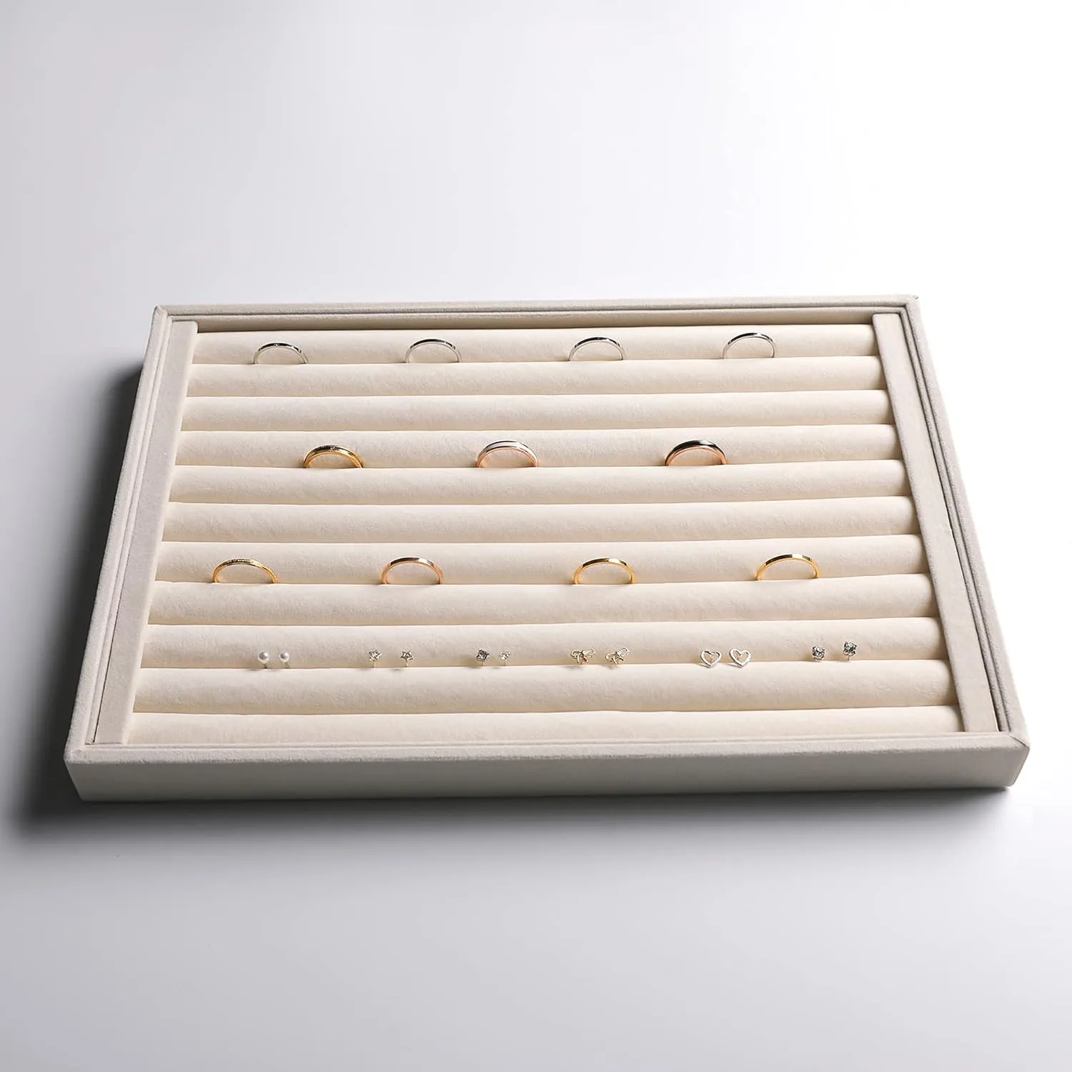 Frebeauty Stackable Velvet Jewelry Organizer Trays for Drawers Inserts Jewelry Storage Tray Display Case Earrings Bracelets Necklace Rings Accessories Trays for Women Girls(Set of 4)（Beige)