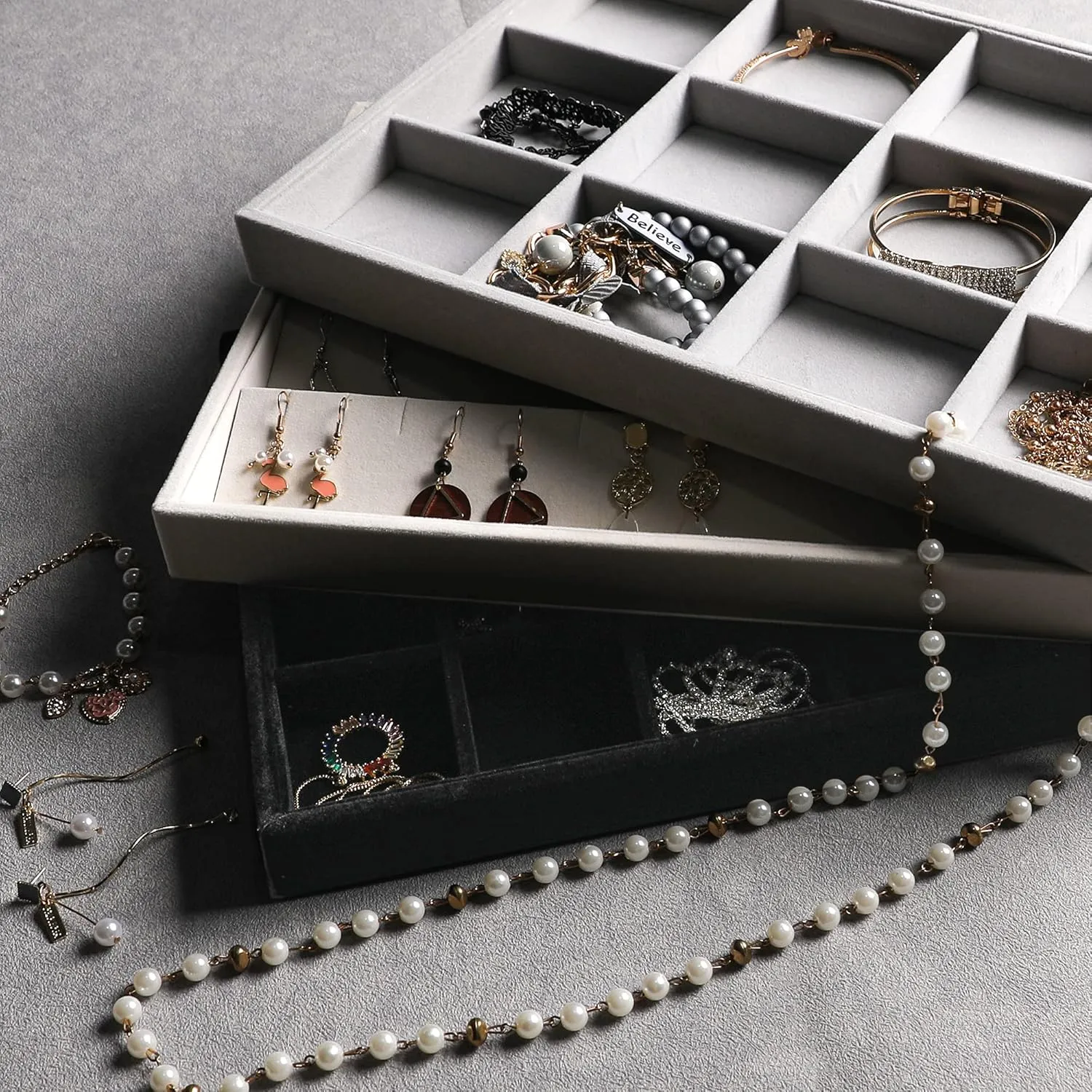 Frebeauty Stackable Velvet Jewelry Organizer Trays for Drawers Inserts Jewelry Storage Tray Display Case Earrings Bracelets Necklace Rings Accessories Trays for Women Girls(Set of 4)（Beige)