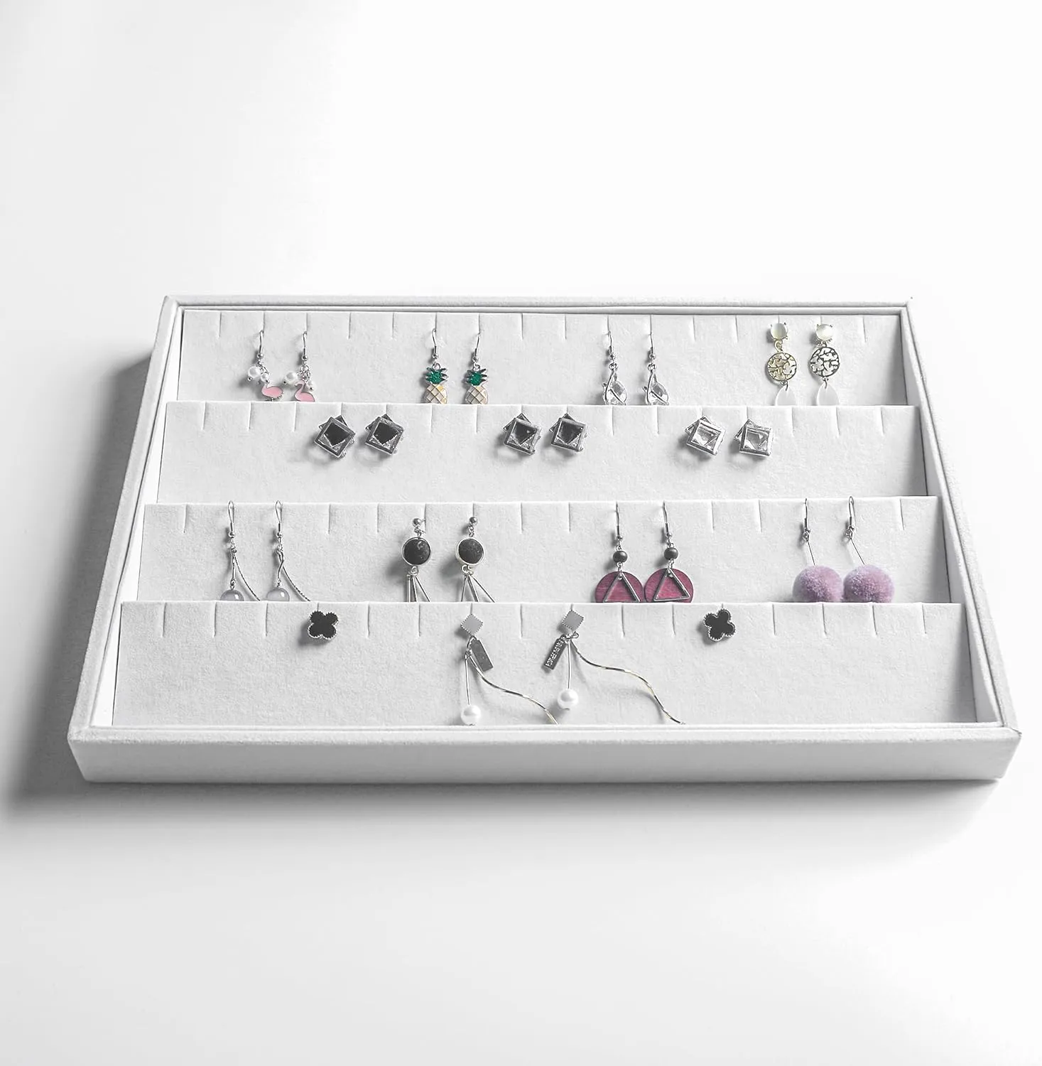 Frebeauty Stackable Velvet Jewelry Organizer Trays for Drawers Inserts Jewelry Storage Tray Display Case, Stud Earrings Bracelets Necklace Rings Accessories Trays for Women(Set of 4)(White)