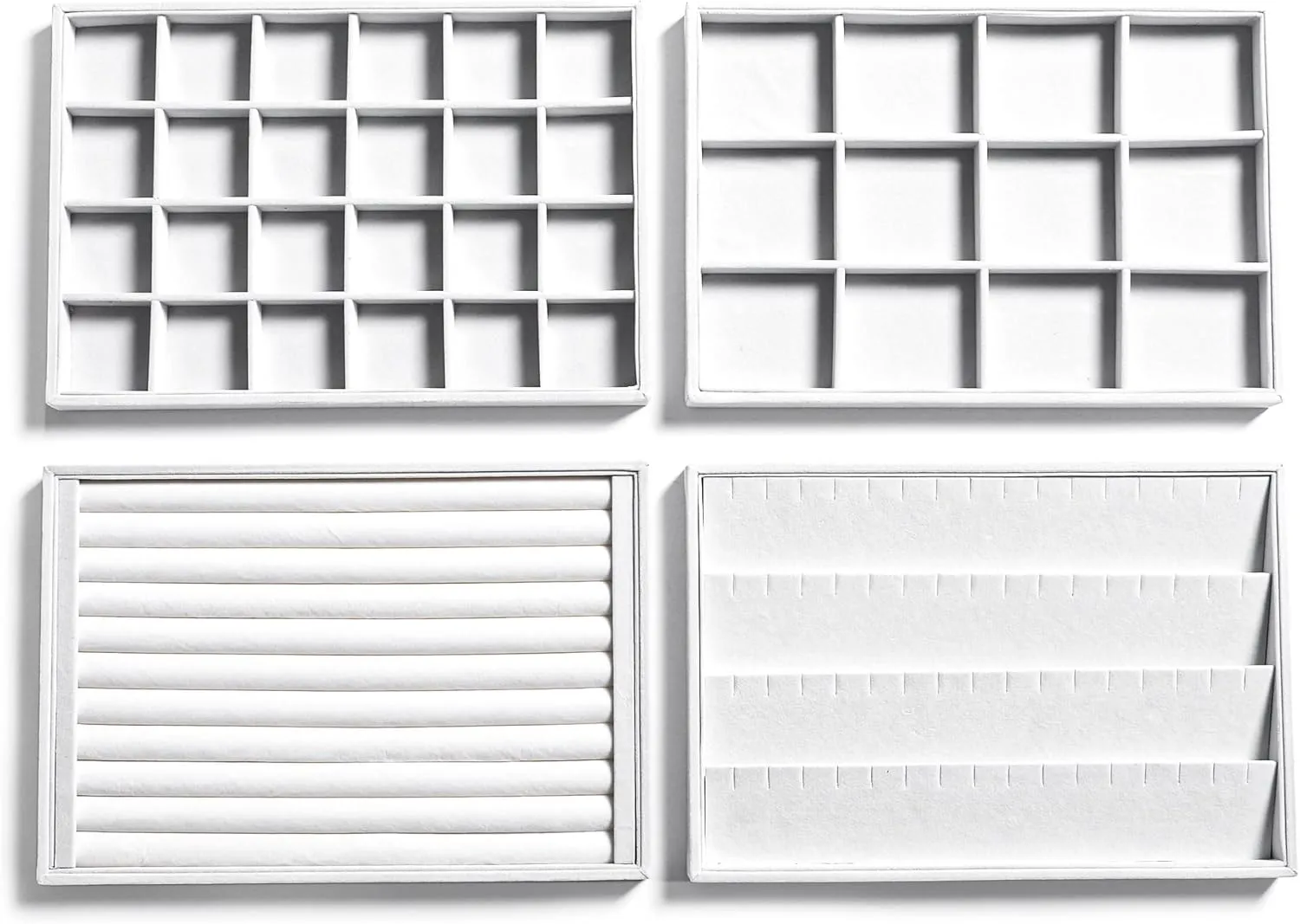Frebeauty Stackable Velvet Jewelry Organizer Trays for Drawers Inserts Jewelry Storage Tray Display Case, Stud Earrings Bracelets Necklace Rings Accessories Trays for Women(Set of 4)(White)