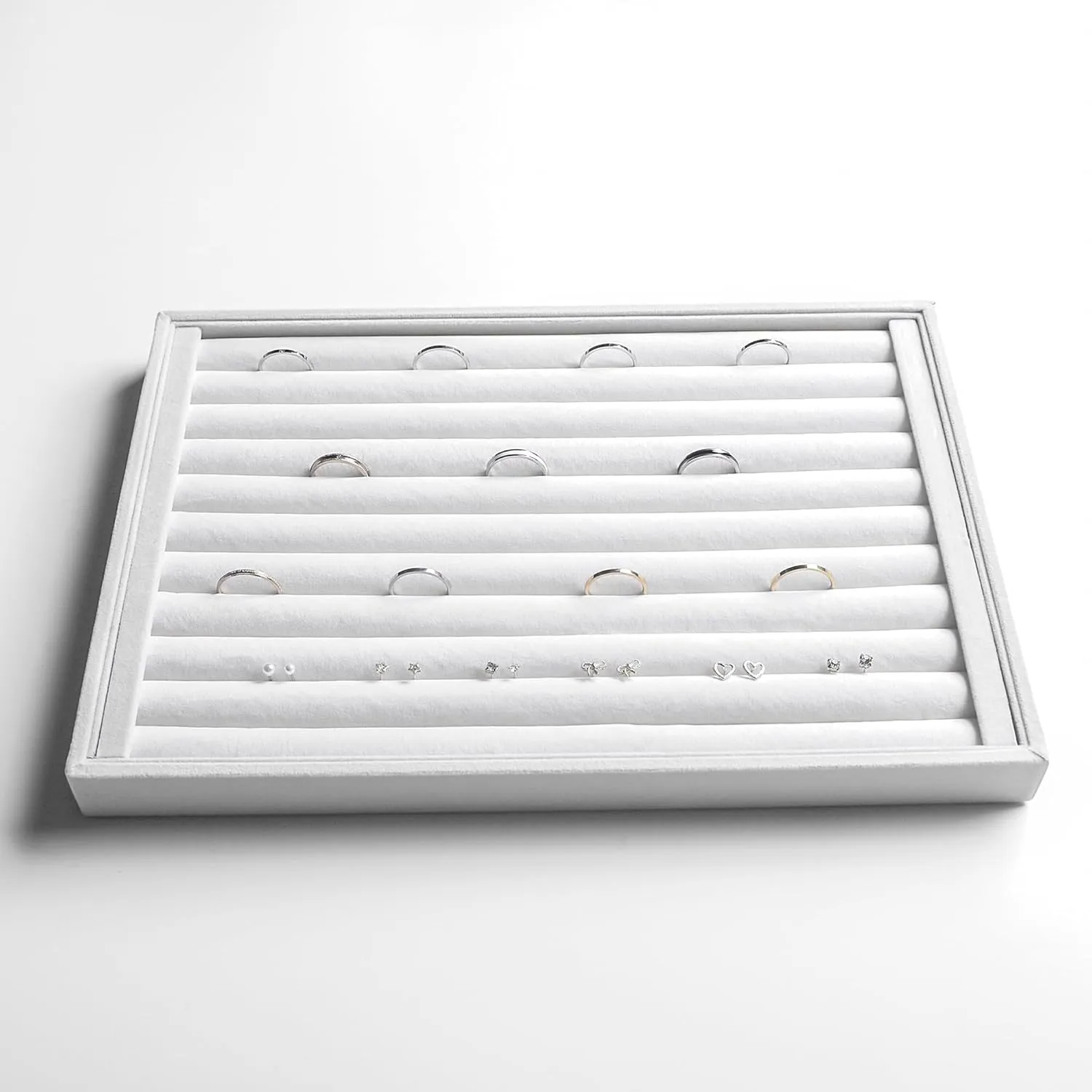 Frebeauty Stackable Velvet Jewelry Organizer Trays for Drawers Inserts Jewelry Storage Tray Display Case, Stud Earrings Bracelets Necklace Rings Accessories Trays for Women(Set of 4)(White)