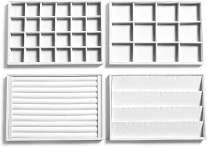 Frebeauty Stackable Velvet Jewelry Organizer Trays for Drawers Inserts Jewelry Storage Tray Display Case, Stud Earrings Bracelets Necklace Rings Accessories Trays for Women(Set of 4)(White)