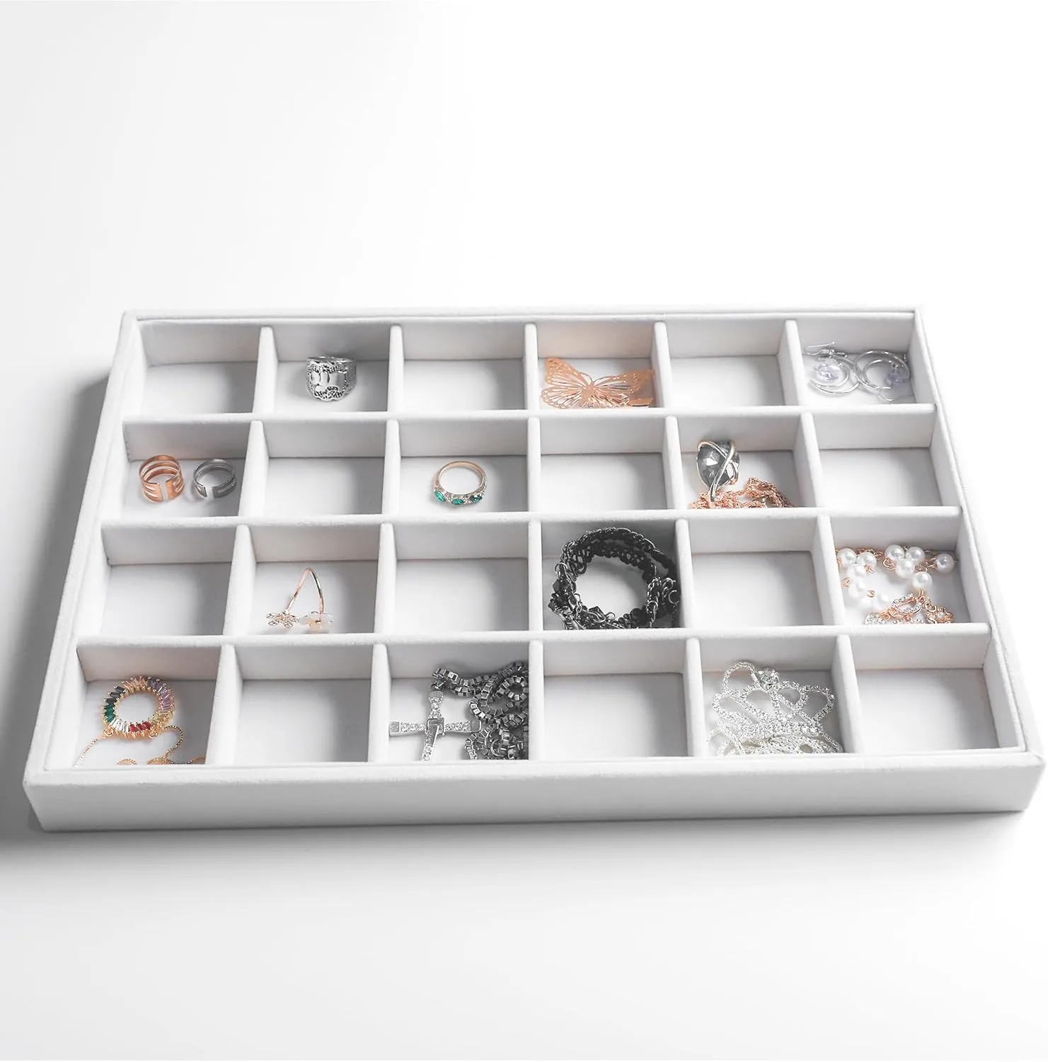 Frebeauty Stackable Velvet Jewelry Organizer Trays for Drawers Inserts Jewelry Storage Tray Display Case, Stud Earrings Bracelets Necklace Rings Accessories Trays for Women(Set of 4)(White)