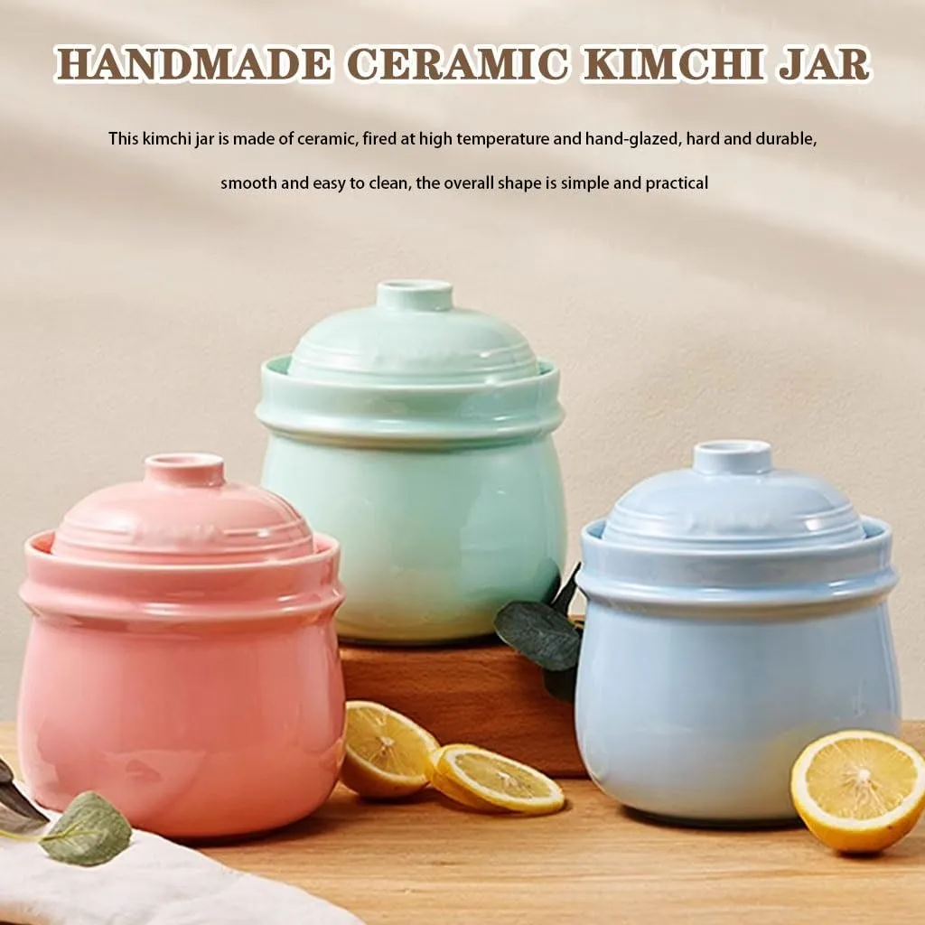 Fresh Pickling Crock, Double Lid Design Fermentation Tank, Water Seal Design Kombucha Kimchi Jar, Ceramic Material(Blue Color,3kg)