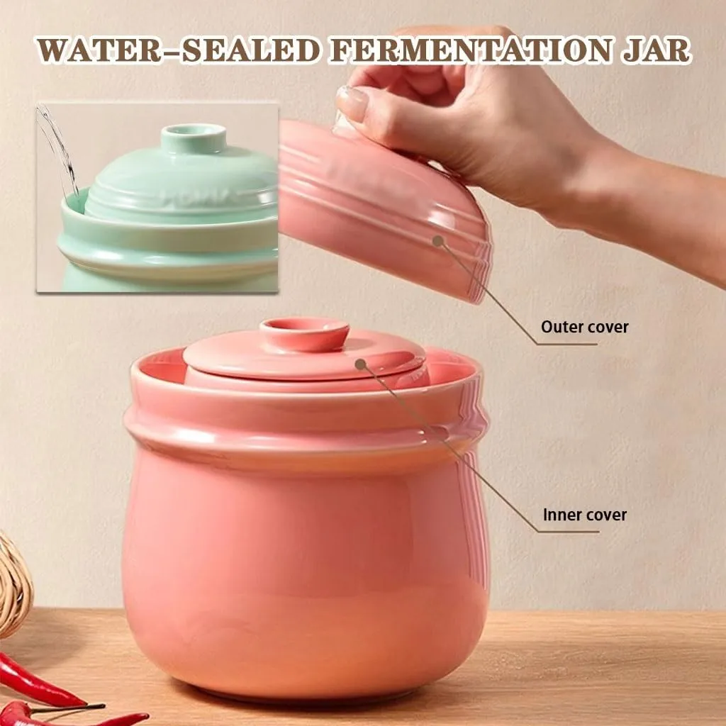 Fresh Pickling Crock, Double Lid Design Fermentation Tank, Water Seal Design Kombucha Kimchi Jar, Ceramic Material(Blue Color,3kg)