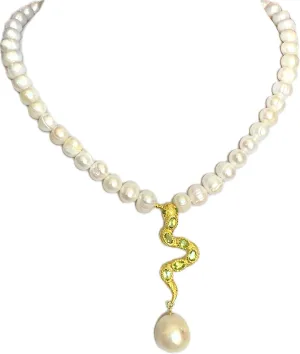 Freshwater Cultured Baroque PEARLS and 6 Peridot Natural Gemstones 18K Yellow gold-plated silver, Serpent Sensual Necklace 16-18 inches long, Fine Jewelry.